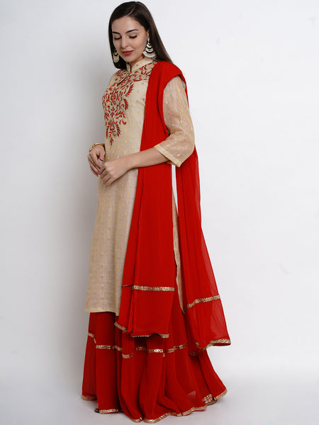 Cream Chanderi Embroidered Kurta With Lehenga And Dupatta-WRS471