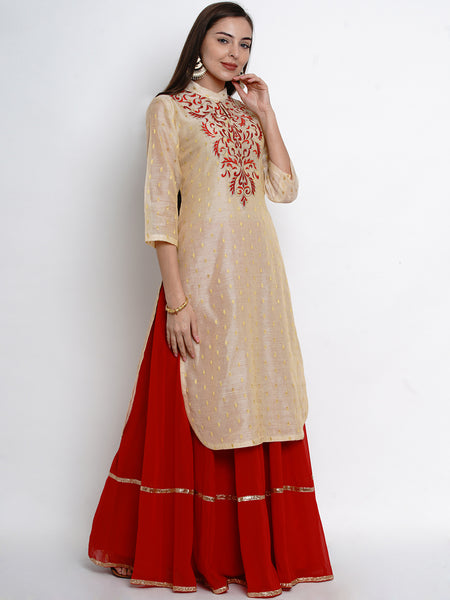 Cream Chanderi Embroidered Kurta With Lehenga And Dupatta-WRS471