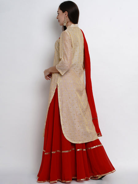 Cream Chanderi Embroidered Kurta With Lehenga And Dupatta-WRS471