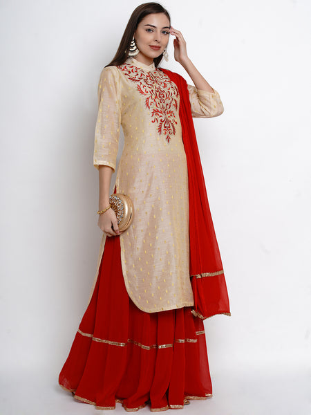 Cream Chanderi Embroidered Kurta With Lehenga And Dupatta-WRS471