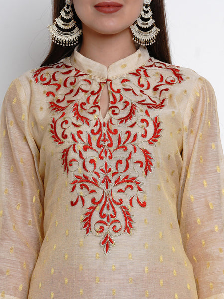 Cream Chanderi Embroidered Kurta With Lehenga And Dupatta-WRS471