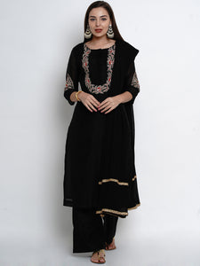 Black Chanderi Embroidered Kurta With Palazzo And Dupatta-WRS473