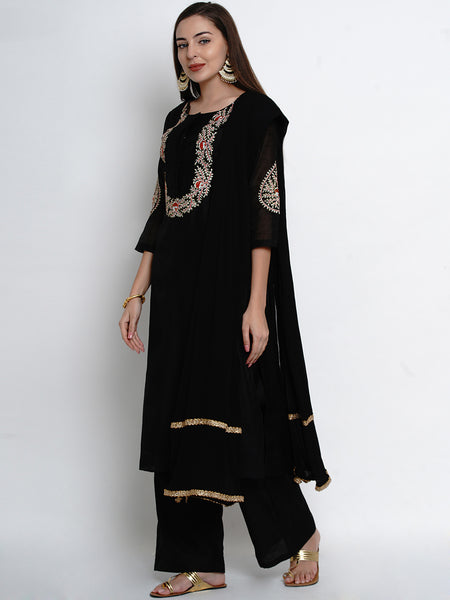 Black Chanderi Embroidered Kurta With Palazzo And Dupatta-WRS473