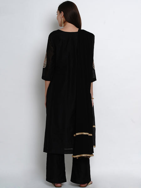 Black Chanderi Embroidered Kurta With Palazzo And Dupatta-WRS473