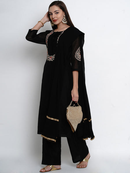 Black Chanderi Embroidered Kurta With Palazzo And Dupatta-WRS473