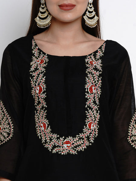 Black Chanderi Embroidered Kurta With Palazzo And Dupatta-WRS473