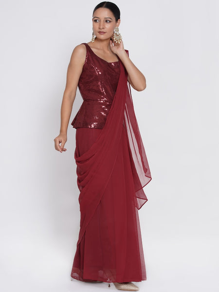 Maroon Georgette ready to wear Saree with sequence work Koti-WRKS059