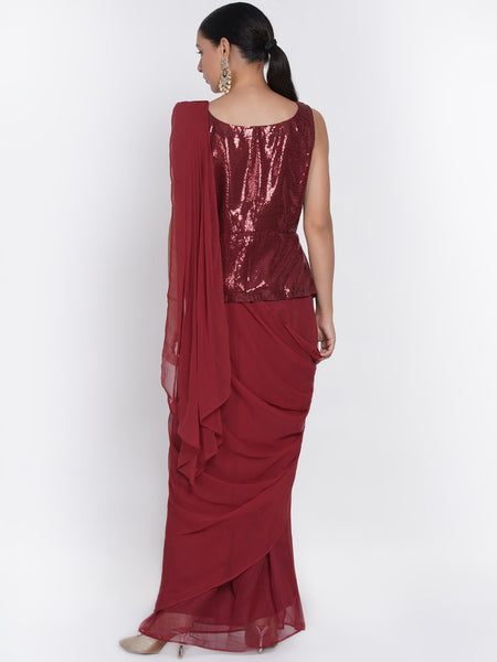 Maroon Georgette ready to wear Saree with sequence work Koti-WRKS059