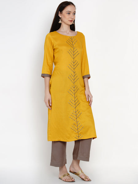 Yellow Rayon Embroidered Kurta With Palazzo- WRKS011