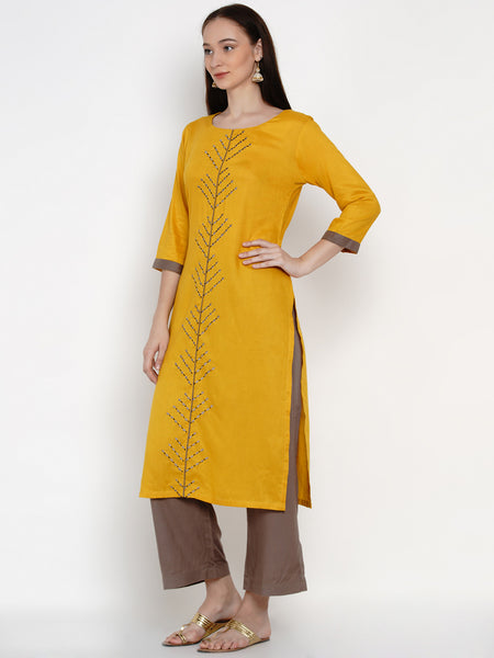 Yellow Rayon Embroidered Kurta With Palazzo- WRKS011
