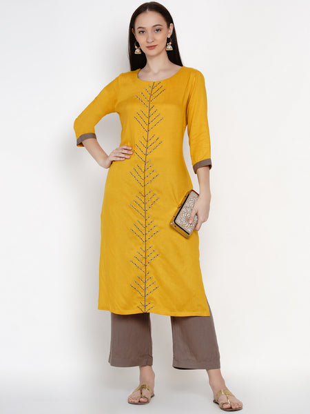 Yellow Rayon Embroidered Kurta With Palazzo- WRKS011