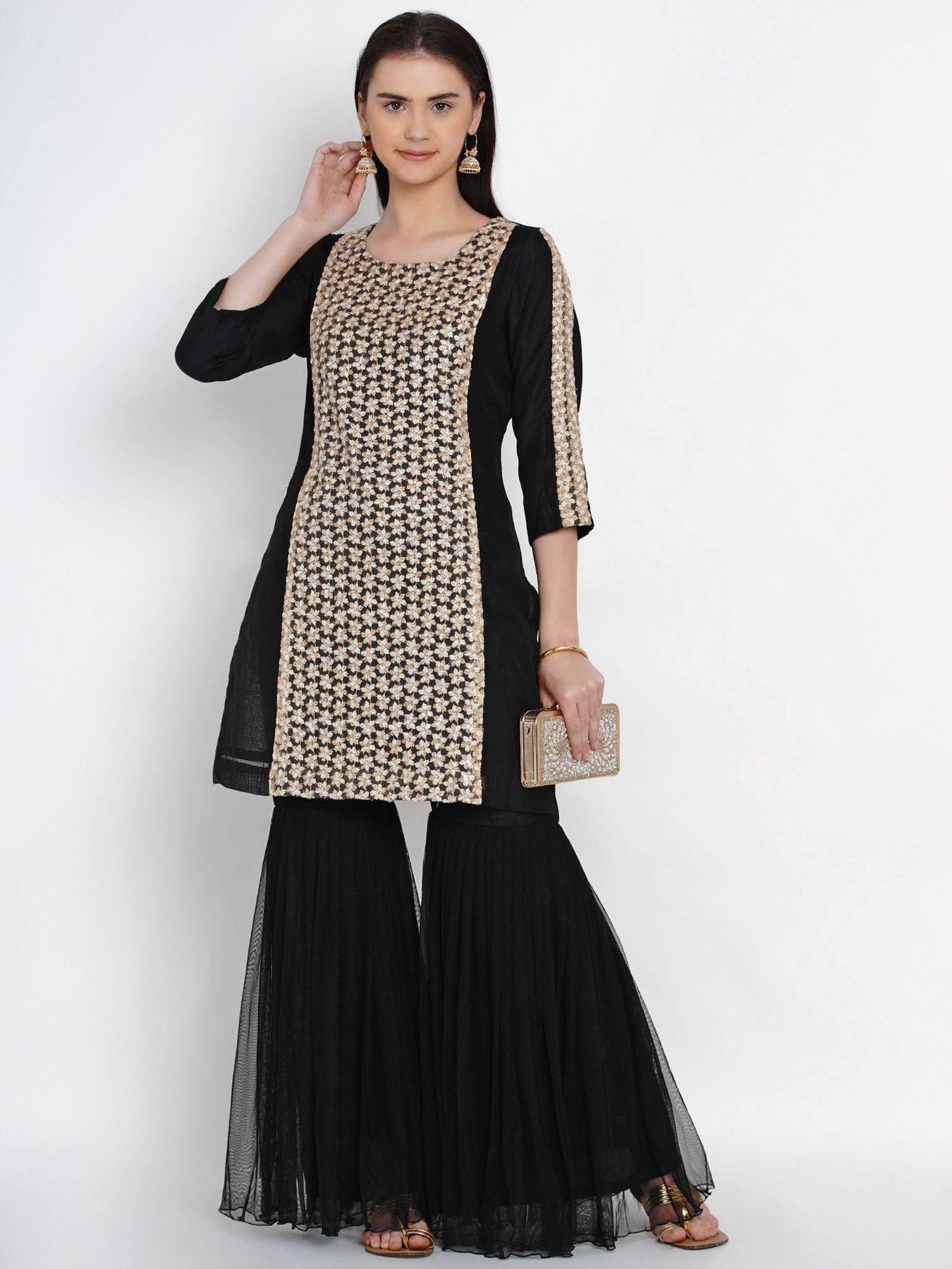 Black Chanderi Kurta With Sharara- WRKS012