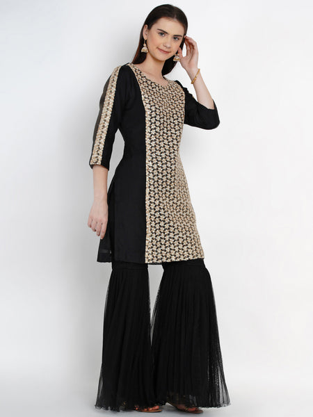 Black Chanderi Kurta With Sharara- WRKS012