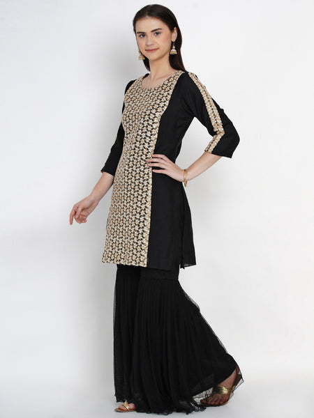 Black Chanderi Kurta With Sharara- WRKS012