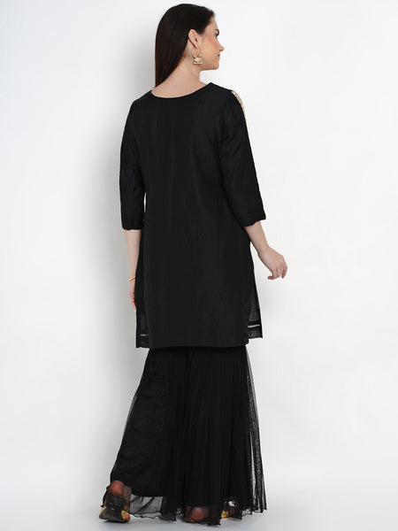 Black Chanderi Kurta With Sharara- WRKS012