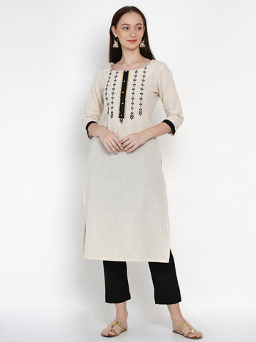 Off White Cotton Flex Embroidered Kurta With Pant- WRKS013