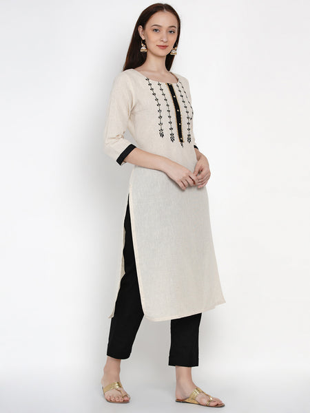 Off White Cotton Flex Embroidered Kurta With Pant- WRKS013