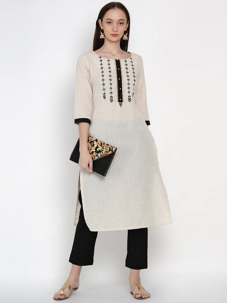 Off White Cotton Flex Embroidered Kurta With Pant- WRKS013