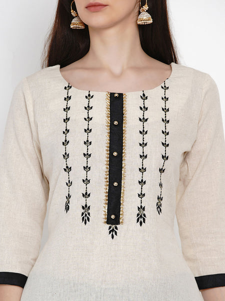Off White Cotton Flex Embroidered Kurta With Pant- WRKS013